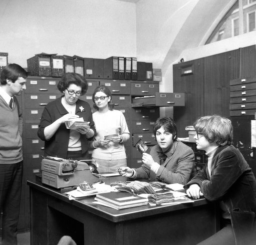 Beatle member Paul McCartney and Peter Asher visit the Press Association (PA) Photo Library.